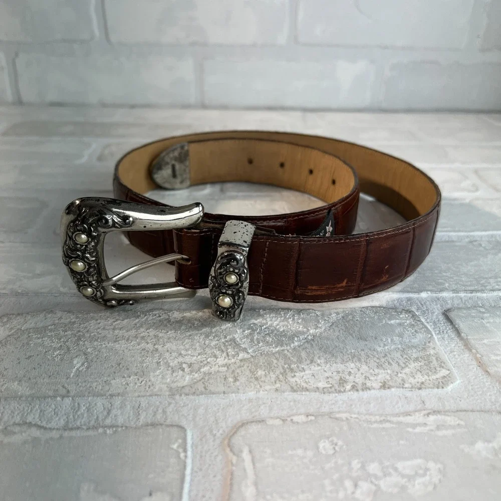 Brighton Belt Womens Medium Brown Croc Embossed Ornate Silver Buckle Pearls 1996
